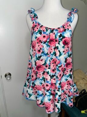 Floral Ruffle-Strap Tank Top - Pink & Blue